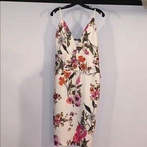 Floral, low cut, midi dress with peplum